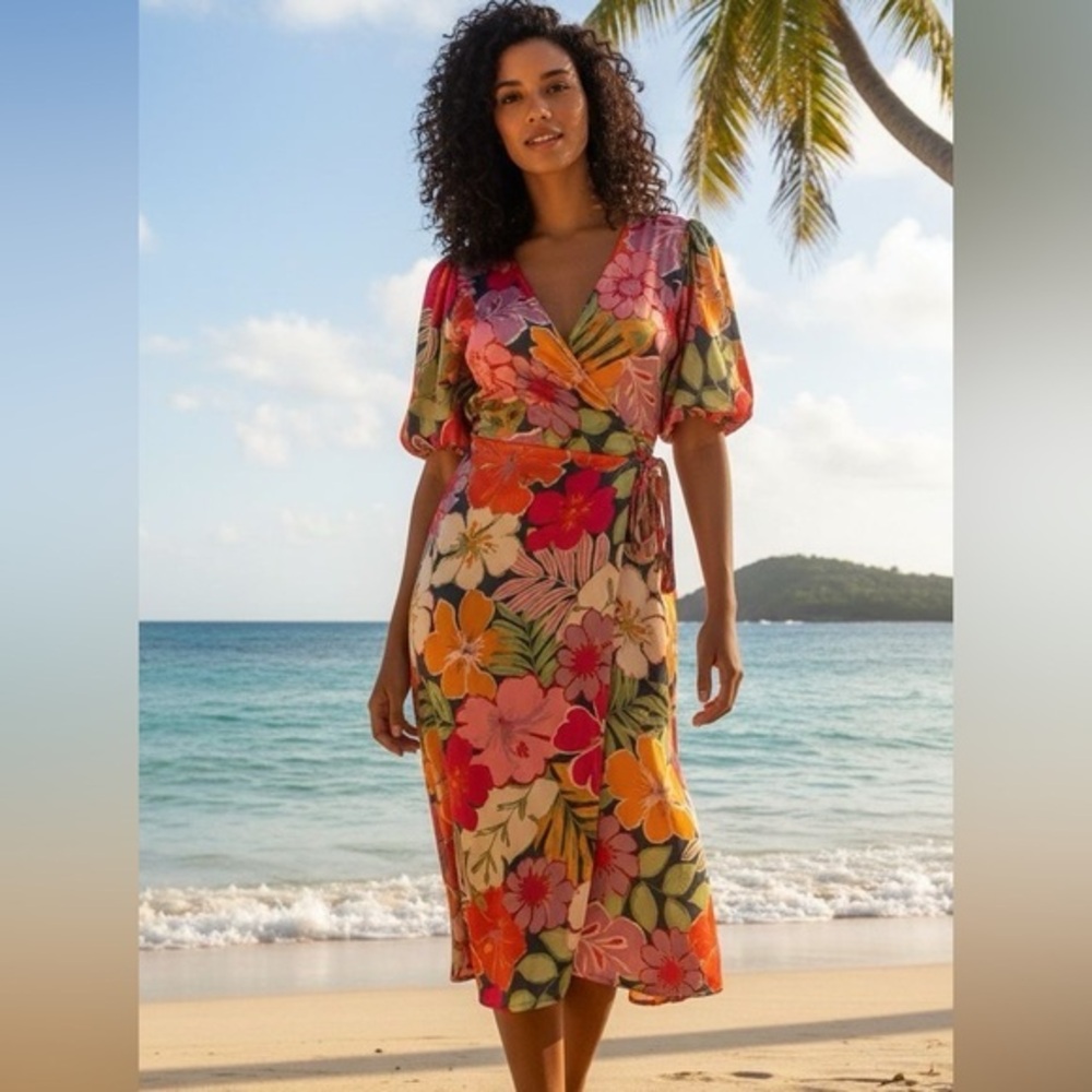 DRESS FORUM LA Blogger Fav Satin Colorful Floral Midi Wrap Dress w Puff Sleeves